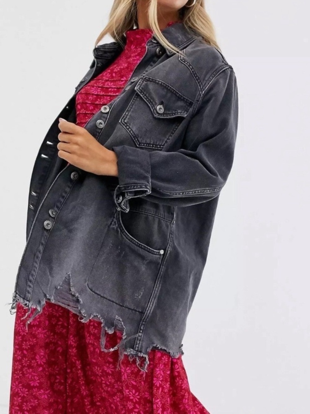 Free People Moonchild denim shirt jacket moon dust grey Distressed medium - Picture 2 of 10